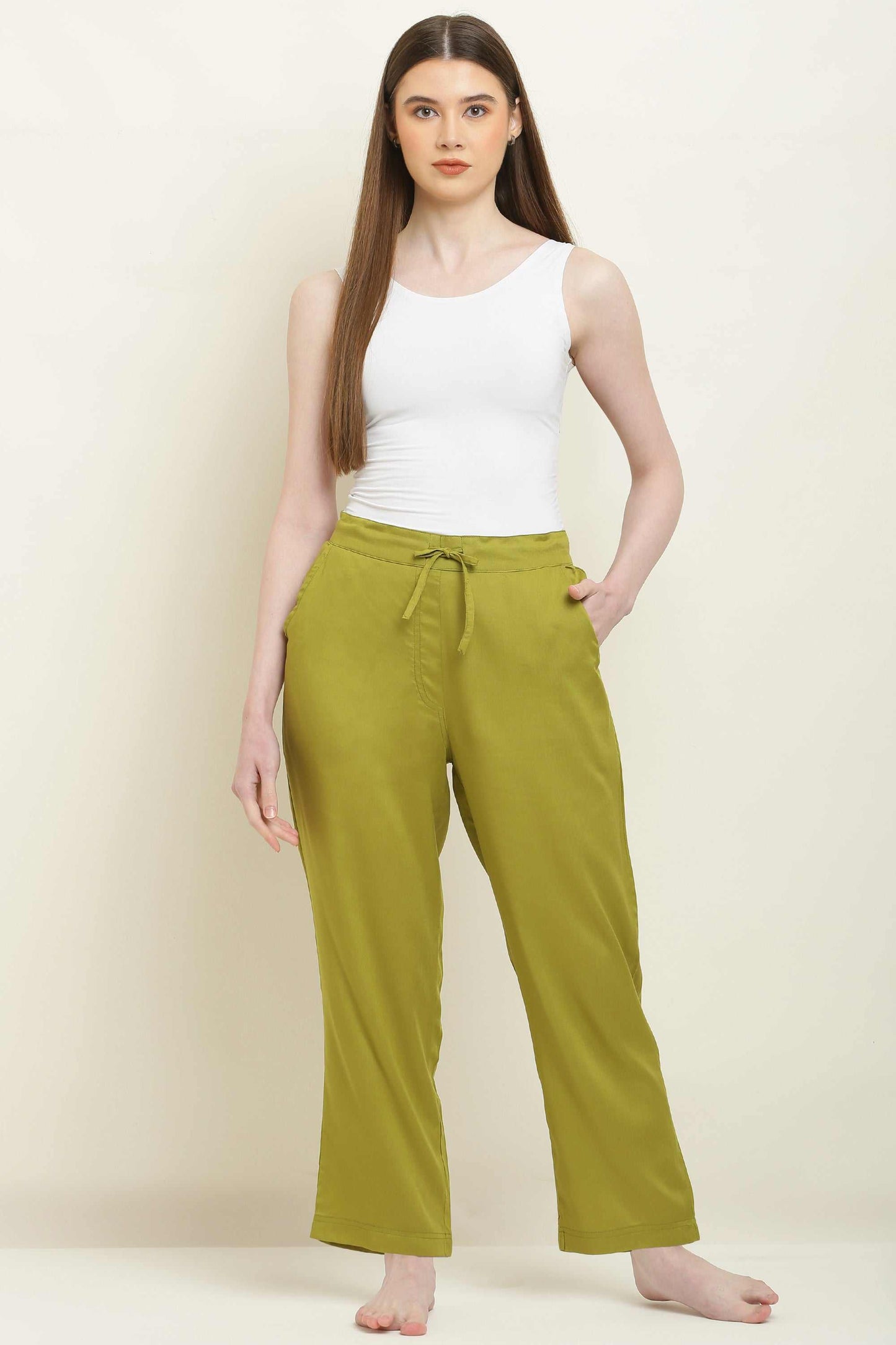 Trouser Pant Olive Green Ankle-Length Loose Fit