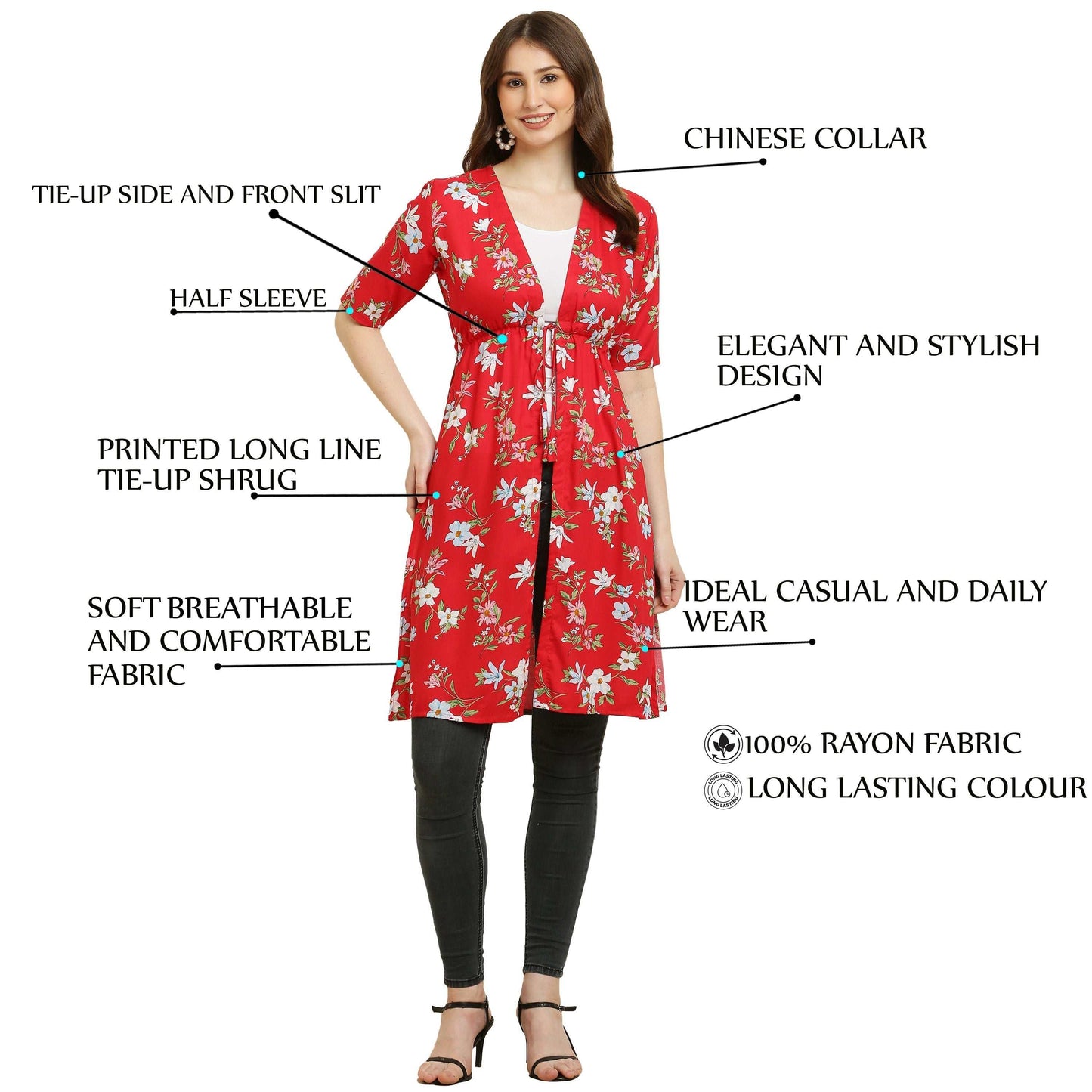 rayon printed stylish long shrug red flower