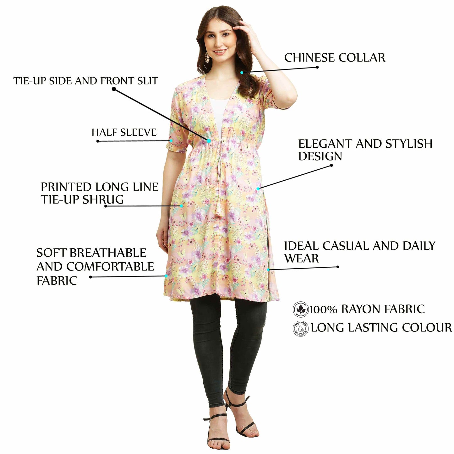 rayon printed stylish long shrug yellow flower