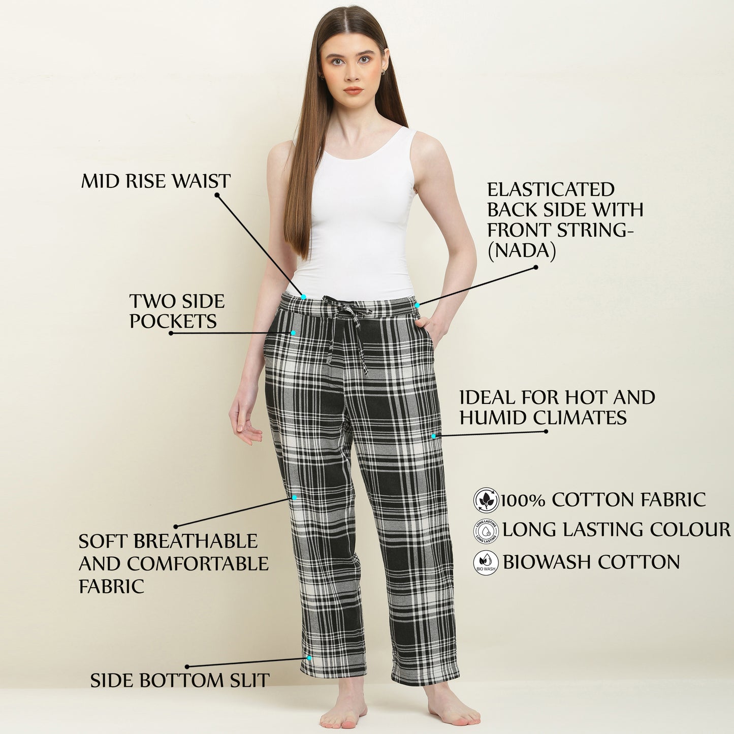 Women's Checked Cotton Pyjama Black