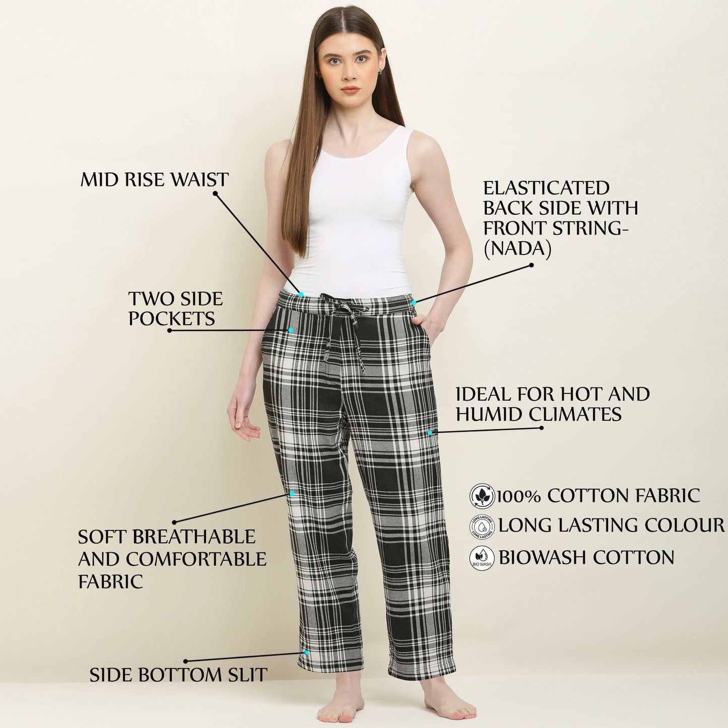 Women's Checked Cotton Pyjama Black