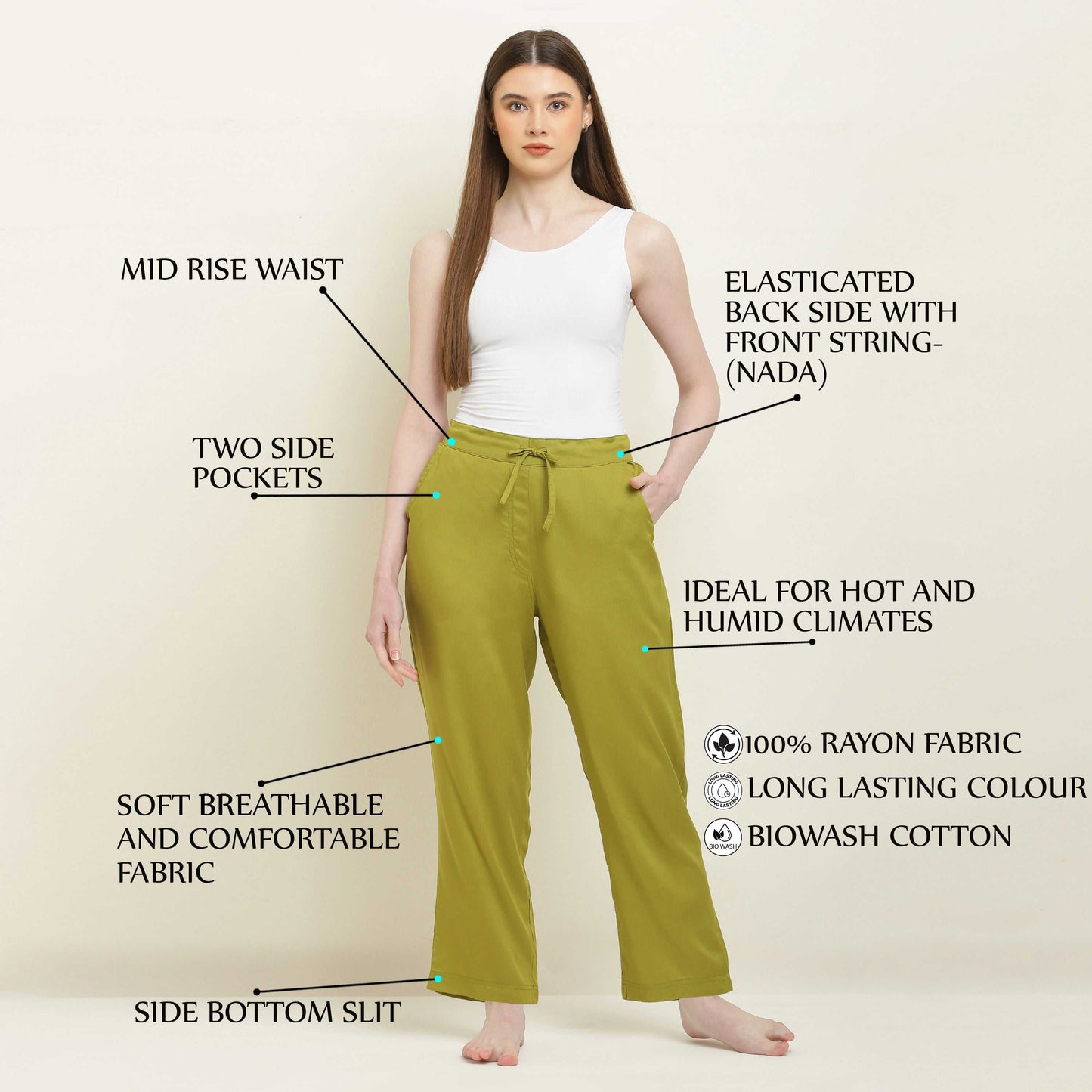 Trouser Pant Olive Green Ankle-Length Loose Fit