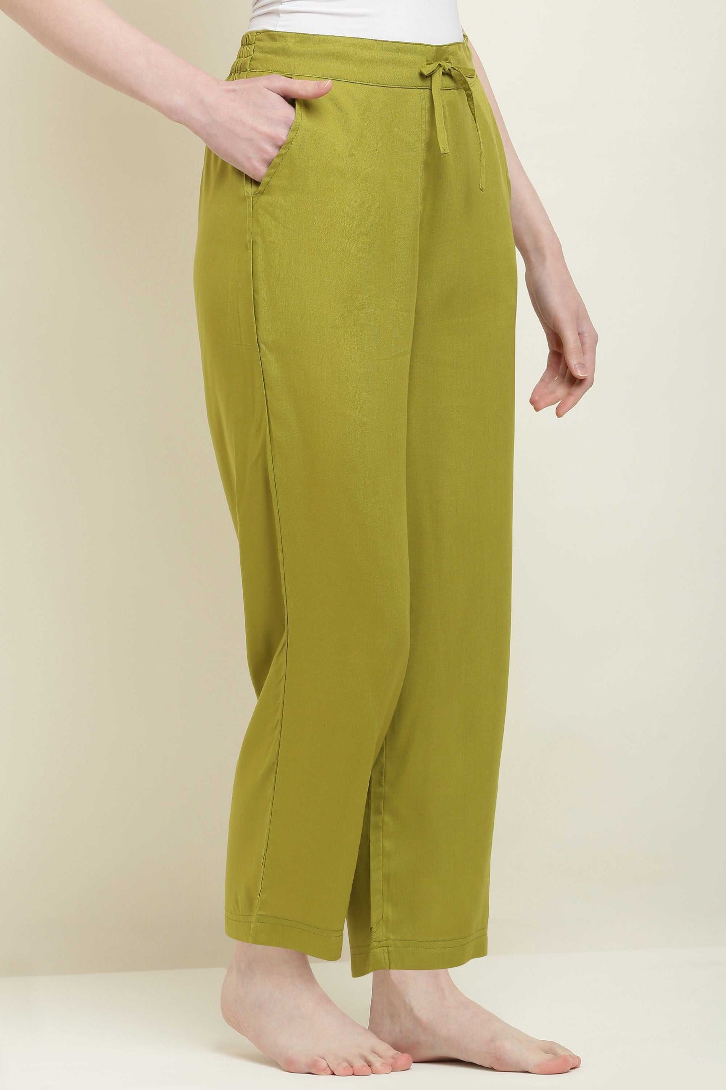 Trouser Pant Olive Green Ankle-Length Loose Fit