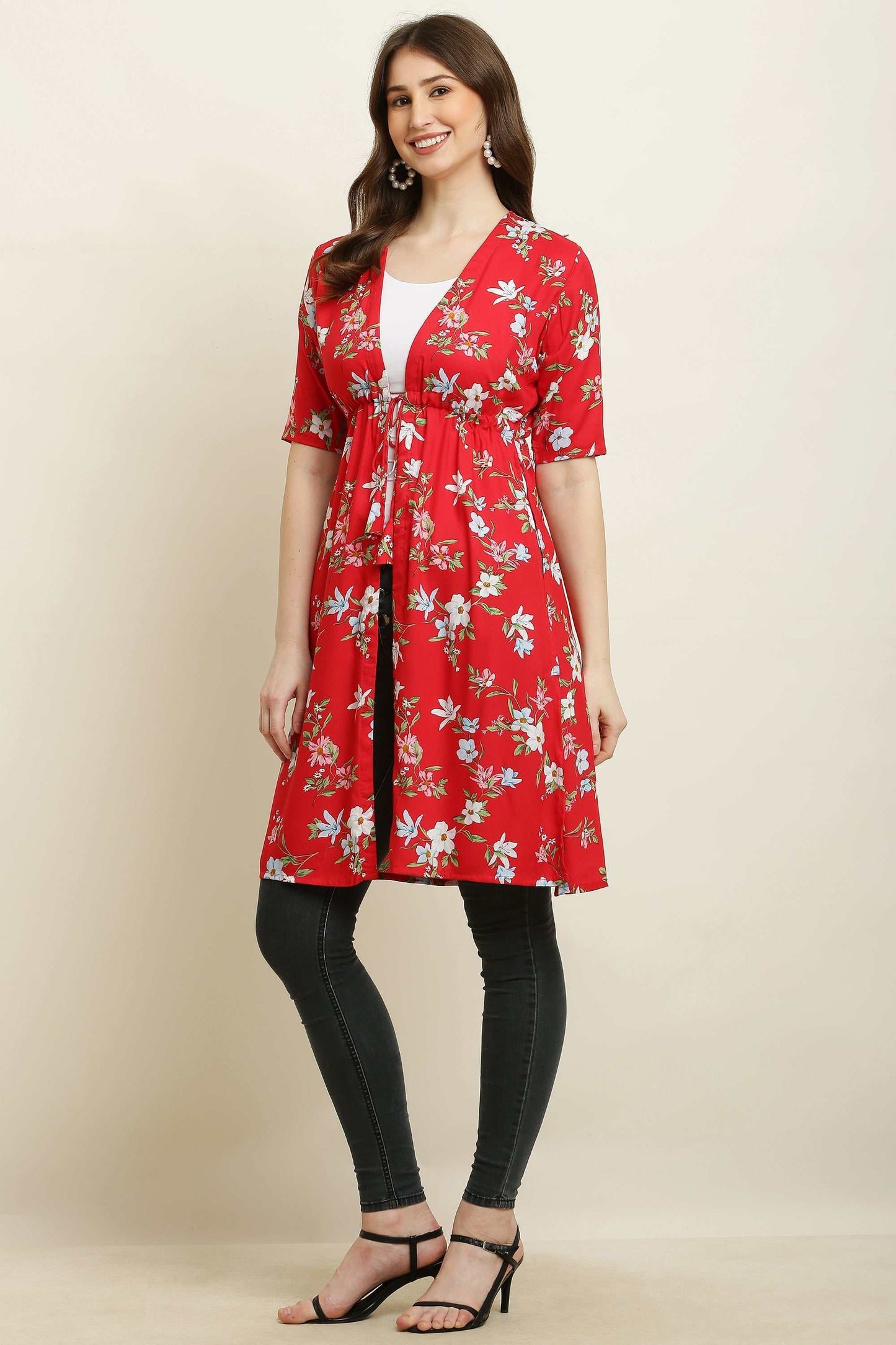 rayon printed stylish long shrug red flower