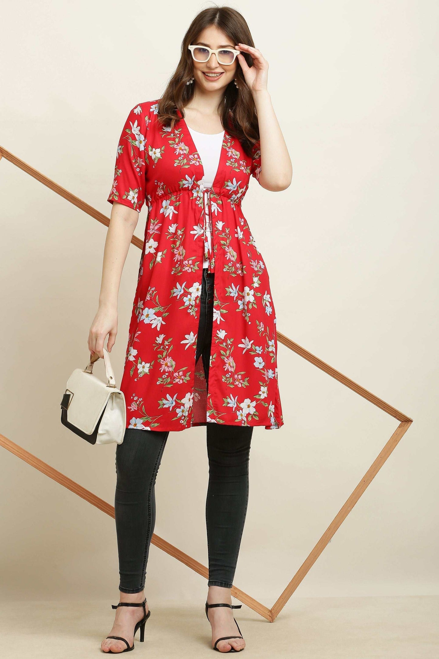 rayon printed stylish long shrug red flower