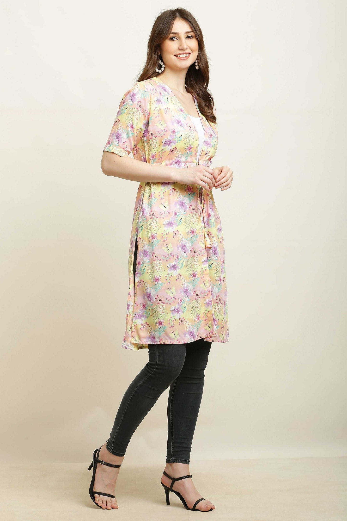 rayon printed stylish long shrug yellow flower