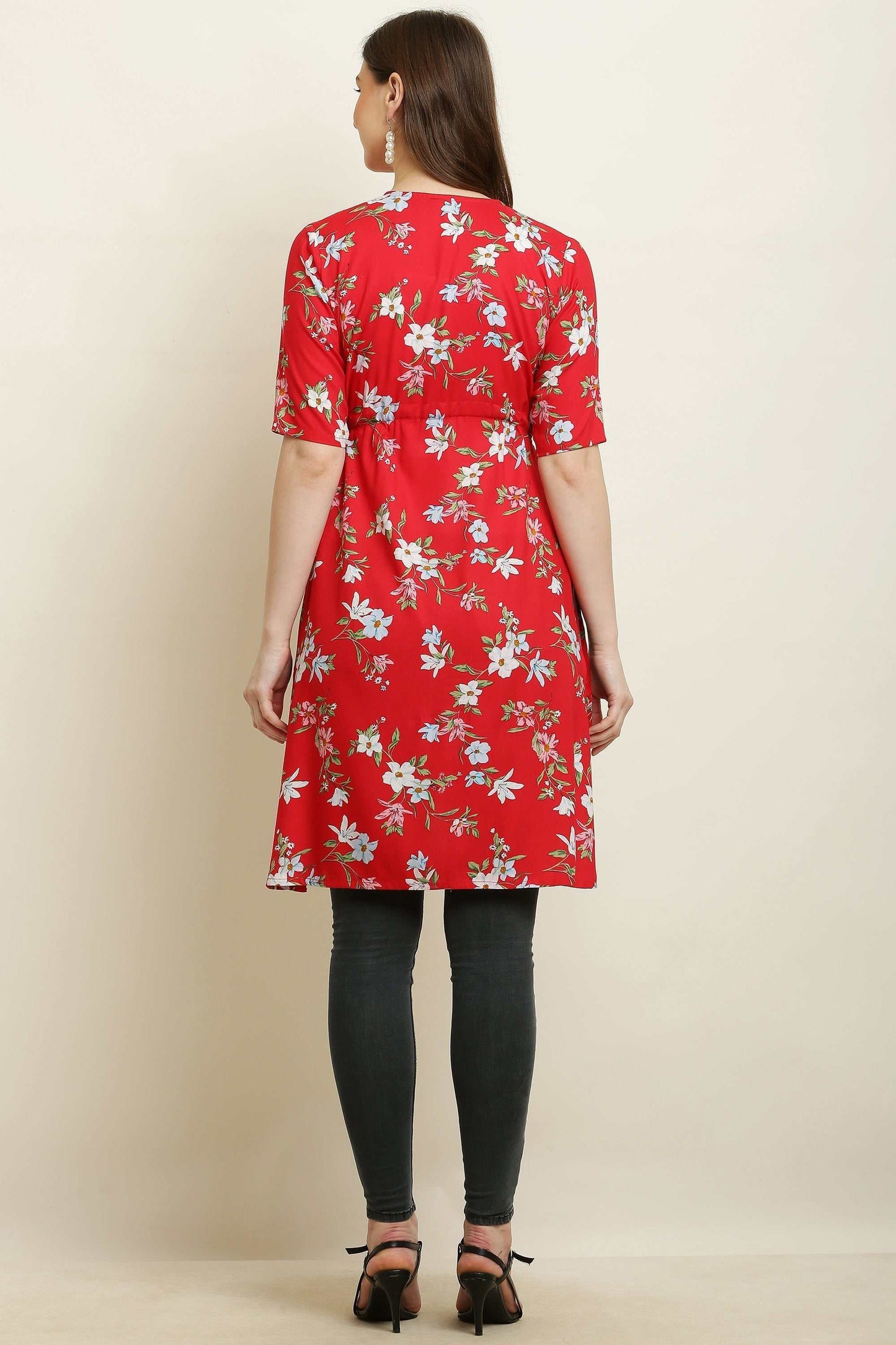 rayon printed stylish long shrug red flower