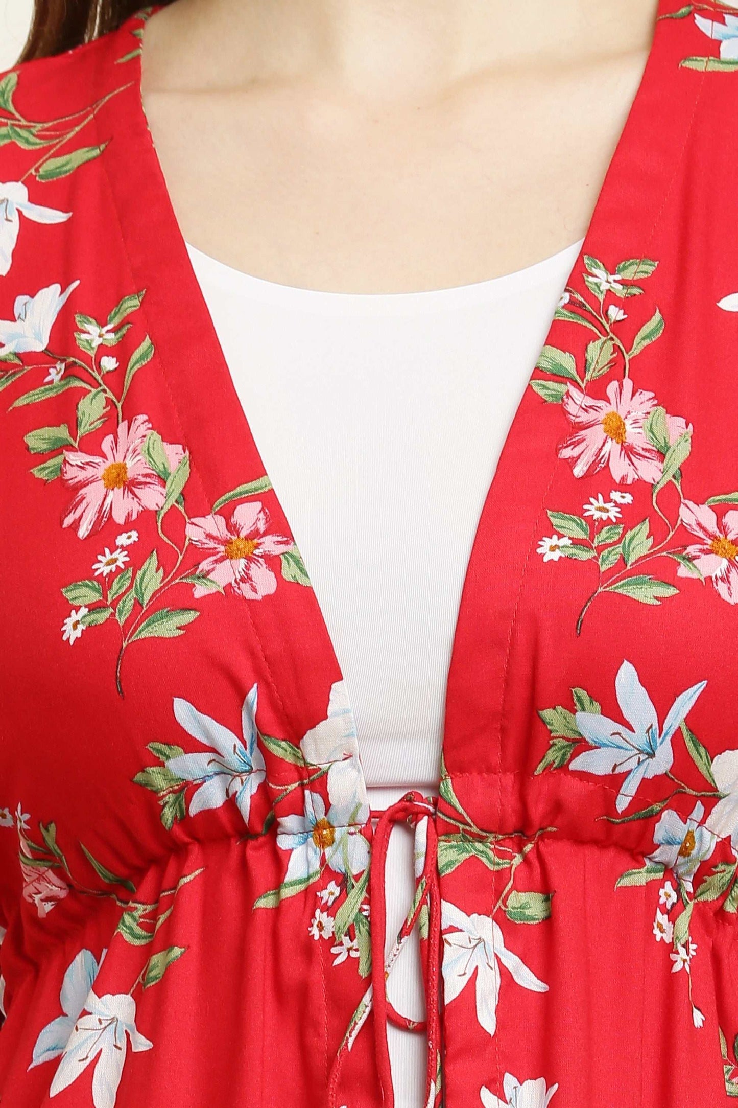 rayon printed stylish long shrug red flower