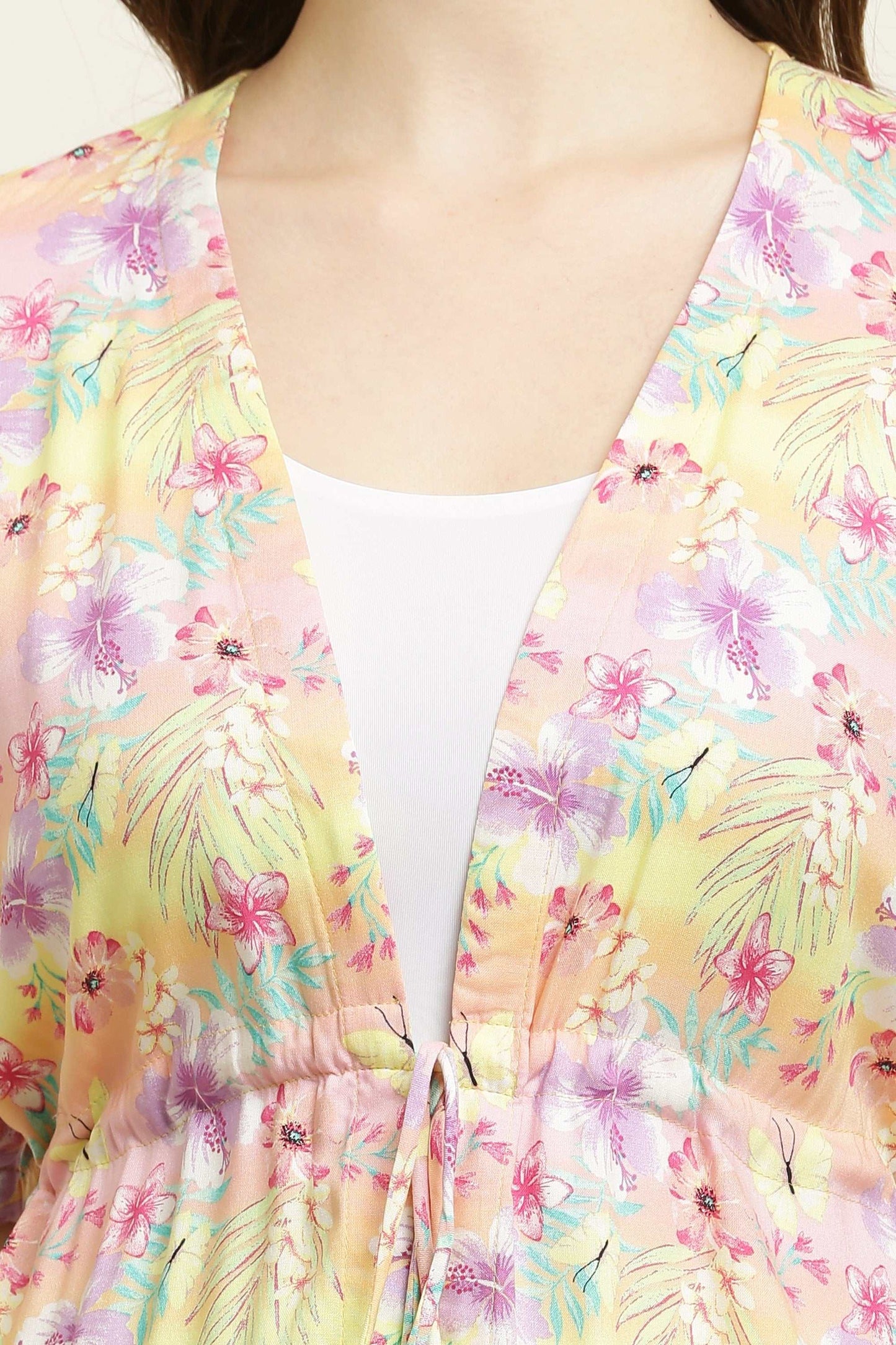 rayon printed stylish long shrug yellow flower