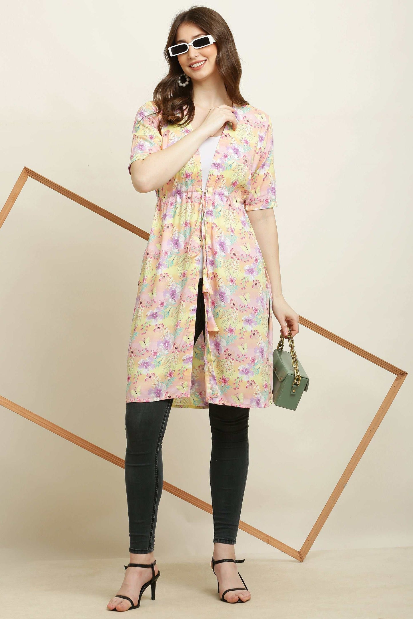 rayon printed stylish long shrug yellow flower