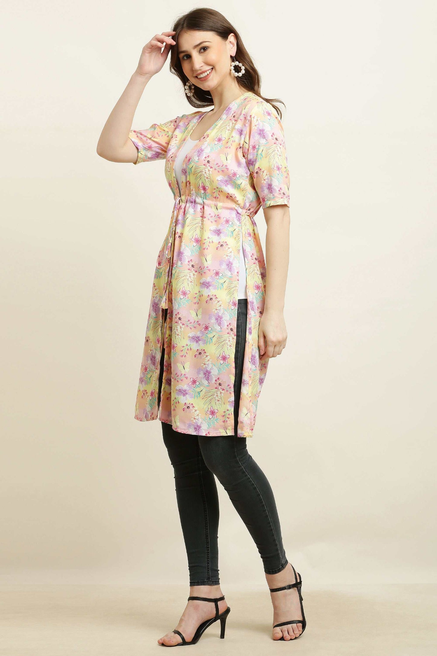 rayon printed stylish long shrug yellow flower