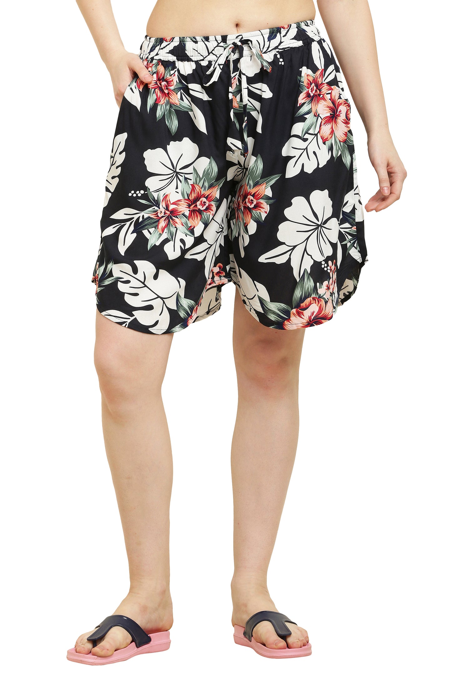 Women's Rayon Print Culotte Shorts Black Flower