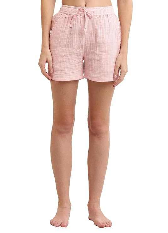 YOUNGBLOK Women's Cotton Boxer Shorts in light pink with elastic waistband and relaxed fit for comfortable summer wear.