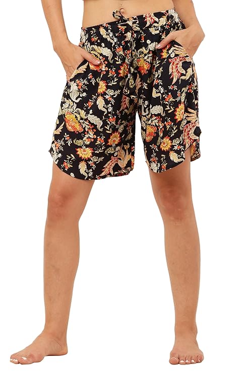 Women's rayon culotte shorts with multi-flower print, relaxed fit, and slant pockets.