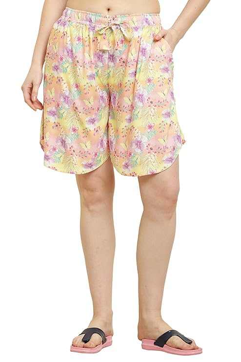 Women's yellow floral rayon print culotte shorts with drawstring waist and relaxed fit