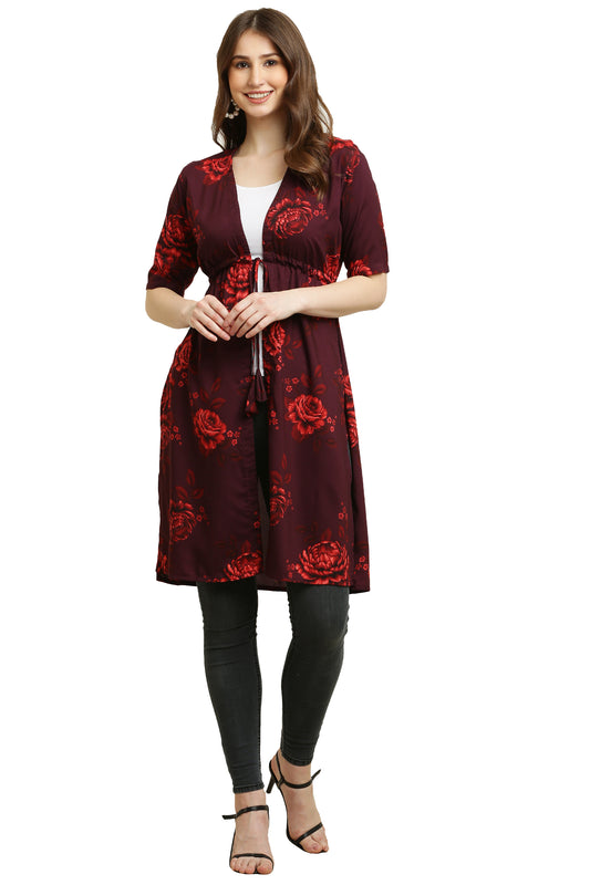 Rayon Printed Stylish Long Shrug Marron Flower