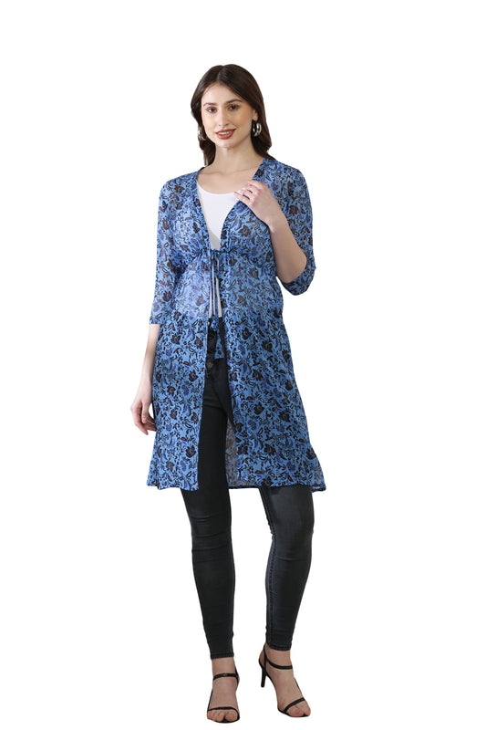 Premium Chiffon Printed Long Shrug Blue Flower