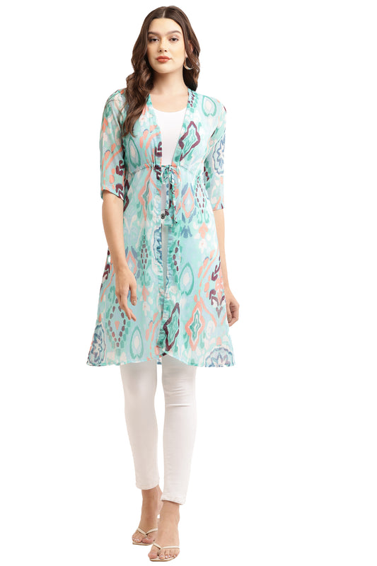 Premium Chiffon Printed Long Shrug Sky Blue Print