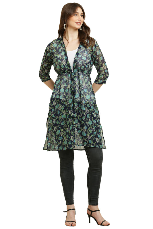 Premium Chiffon Printed Long Shrug Green Flower