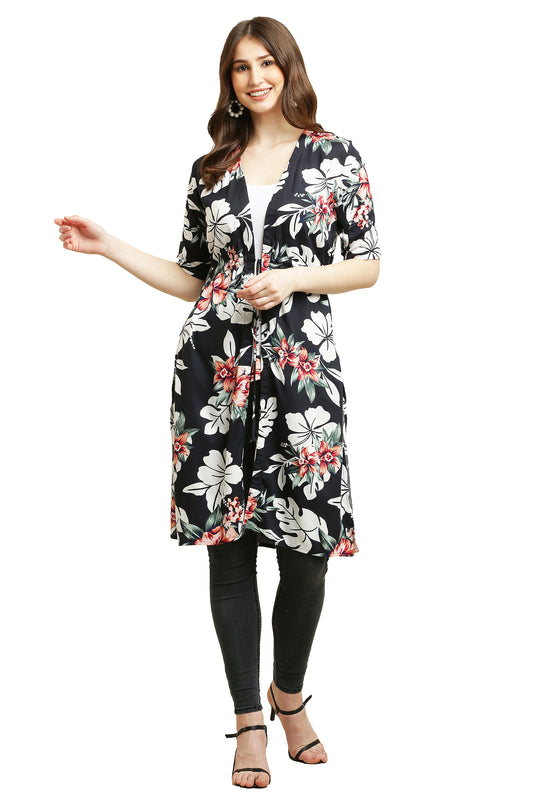 Premium Chiffon Printed Long Shrug Black Flower