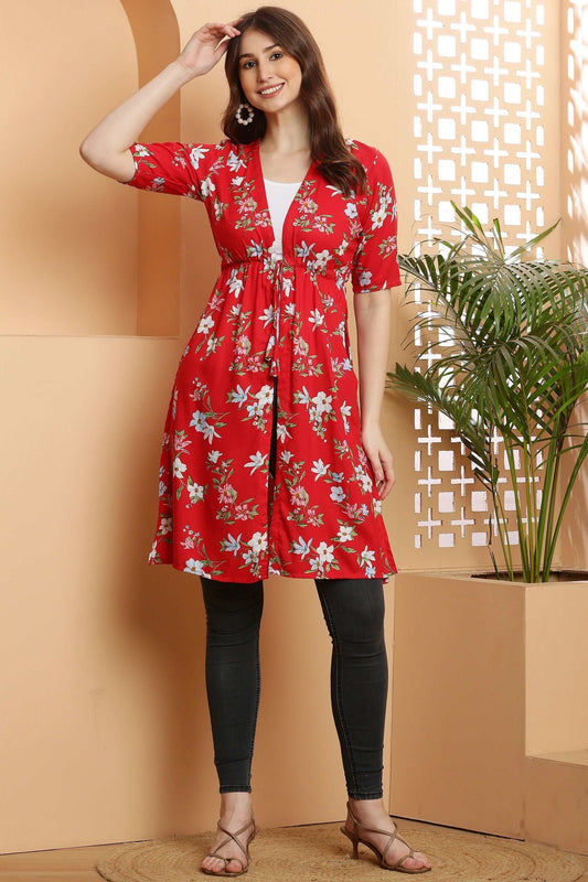 rayon printed stylish long shrug red flower