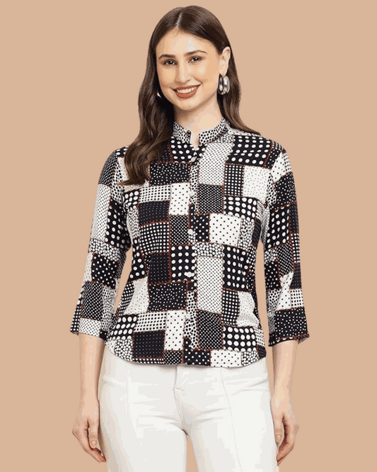 Women's Rayon Viscose Shirt with blue box pattern, button-down front, and 3/4 sleeves, modeled with white pants.
