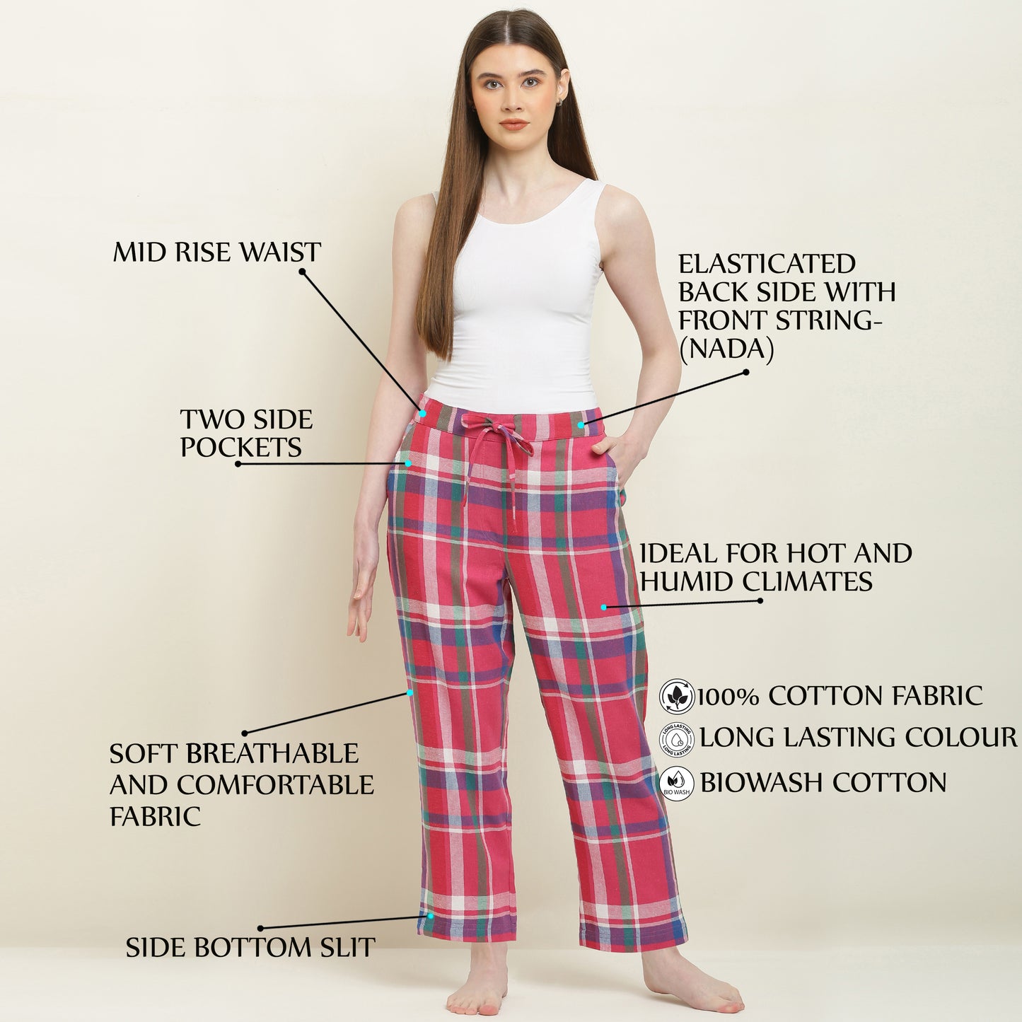 Women's Checked Cotton Pyjama Pink