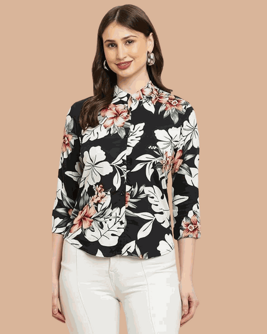 Women's black rayon viscose shirt with pink and white floral print and 3/4 sleeves worn by a woman