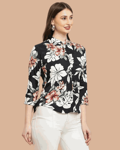 Women's Rayon Viscose Shirt Black Flower
