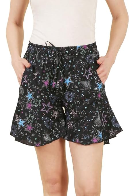 Women's Rayon Frill Shorts Black Starry Night