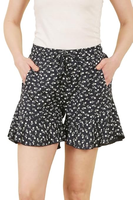 Women's Rayon Frill Shorts Navy Blue White Floral