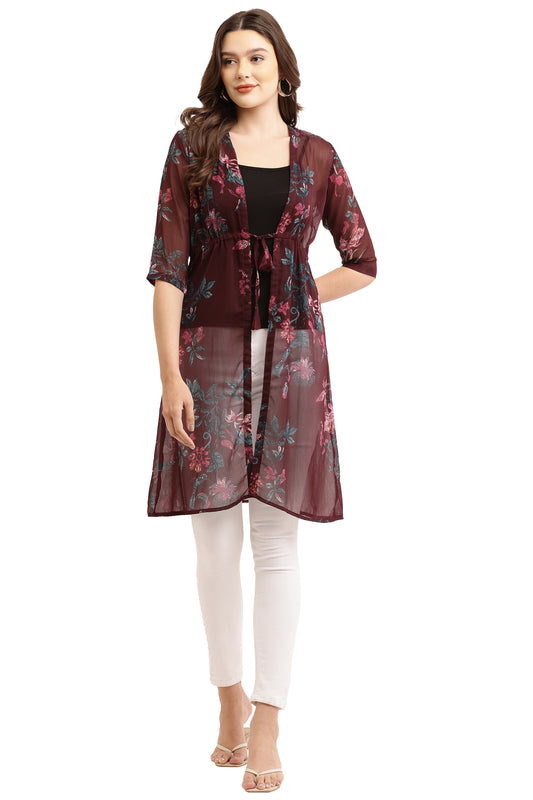 Premium Chiffon Printed Long Shrug Maroon Flower