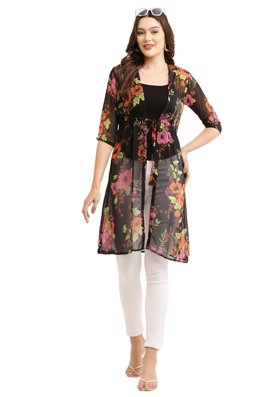 Premium Chiffon Printed Long Shrug Black Flower