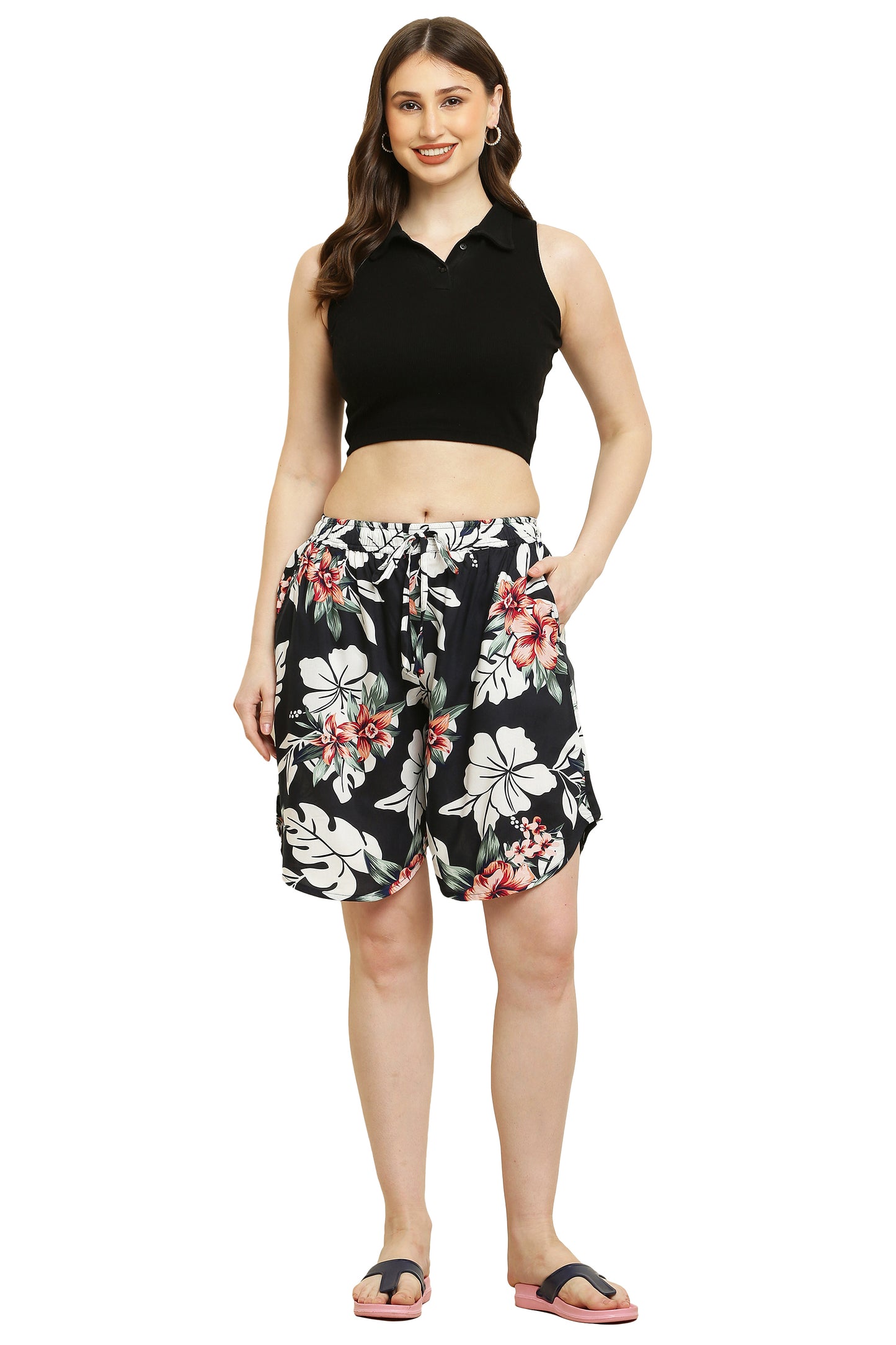 Women's Rayon Print Culotte Shorts Black Flower
