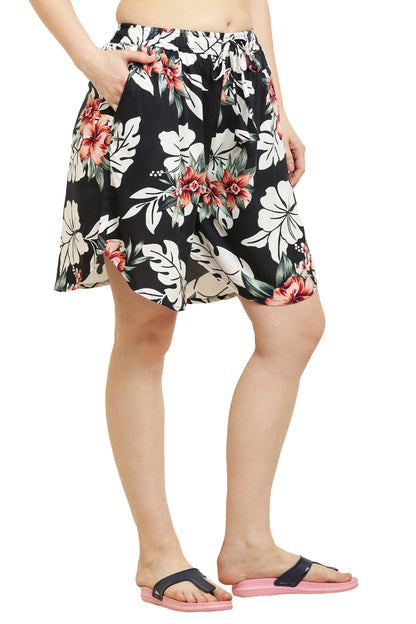 Women's Rayon Print Culotte Shorts Black Flower